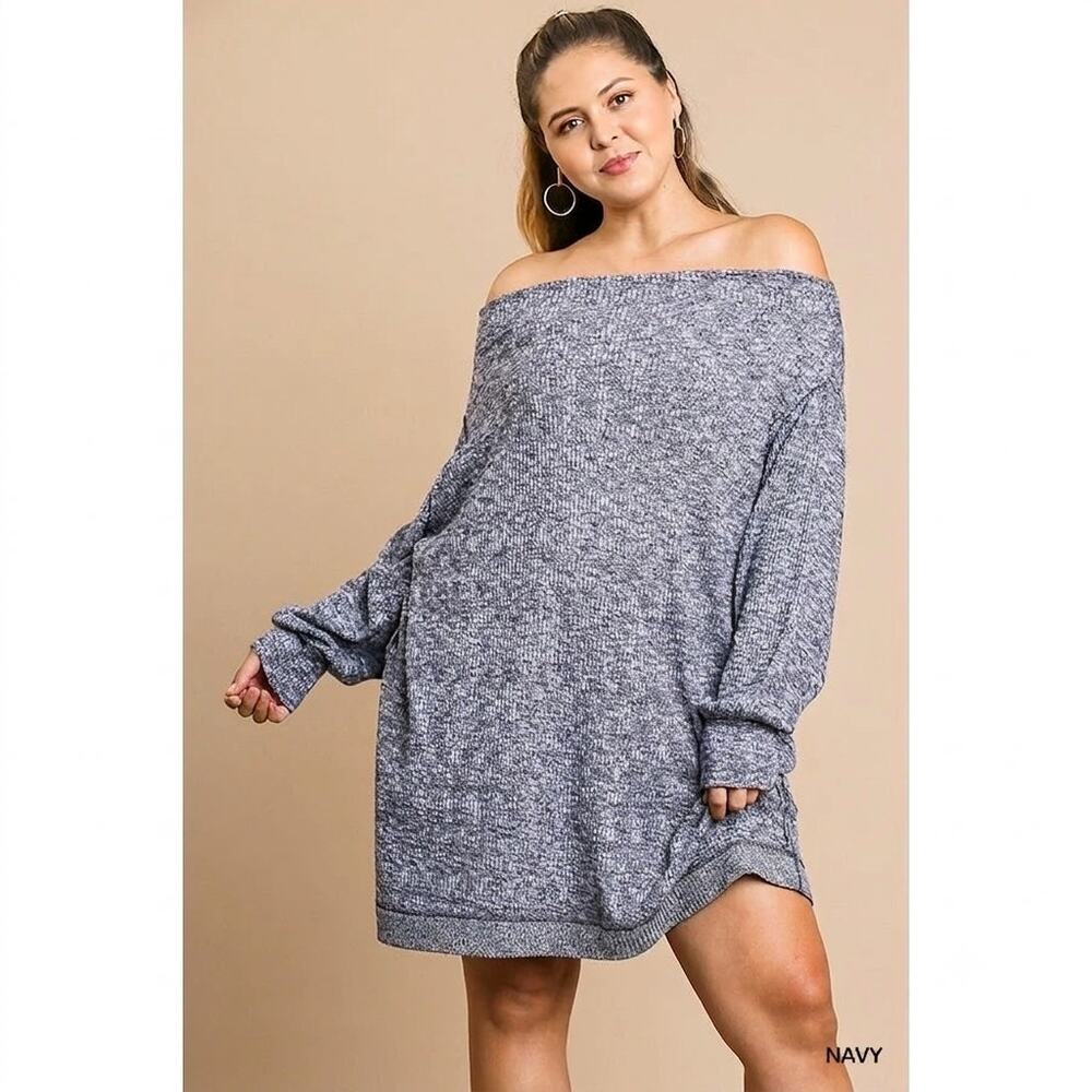 Umgee Mini Sweater‎ Dress XL Off Shoulder Soft Ribbed Knit Long Sleeve NWT Navy